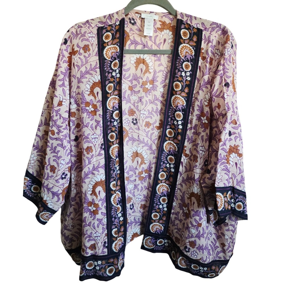 J Jill One Size Fits Most Floral Print Kimono Jacket Women S-M-L Purple Brown - Picture 3 of 9